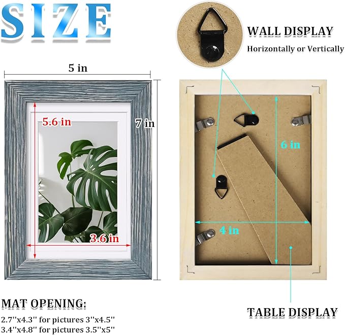Egofine 4x6 Picture Frame Made of Solid Wood, Covered by Plexiglass Display Pictures 3.5x5 with Mat or 4x6 Without Mat for Table Top Display and Wall Mounting Photo Frame, Rustic Blue