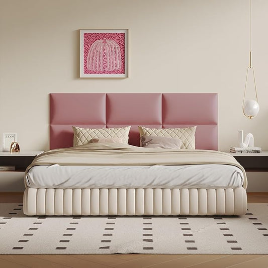 Pink Free-Standing Headboard Queen Size - 9-Panel DIY Bed Backboard with Soft Faux Leather, 24"x12" Panels (Low-Profile Design)