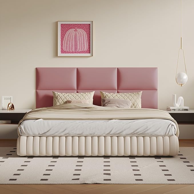 Pink Free-Standing Headboard Queen Size - 6-Panel DIY Bed Backboard with Soft Faux Leather, 24"x12" Panels (Low-Profile Design)