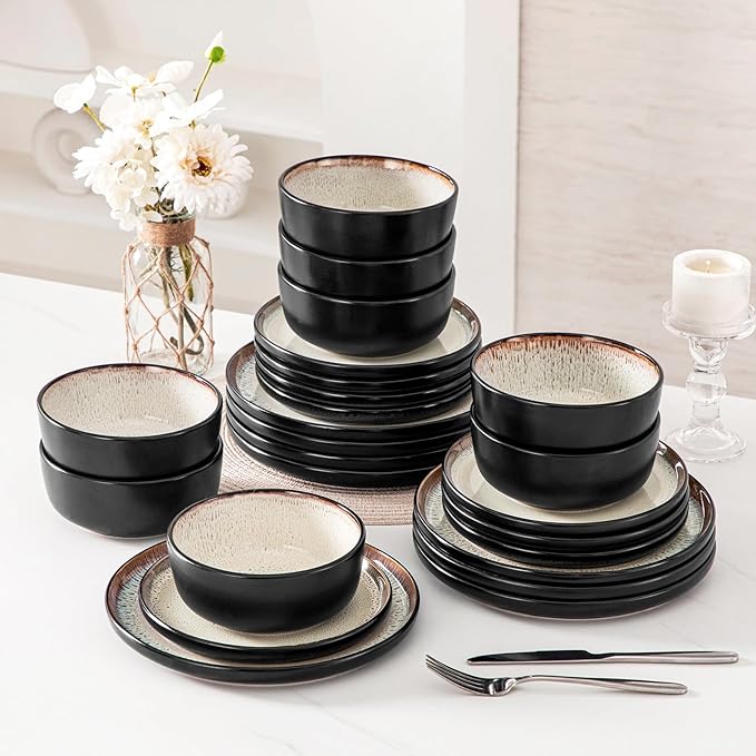 vancasso Plates and Bowls Sets, 24 Pieces Stoneware Dinnerware Sets for 8, Kitchen Dish Set Mircowave and Dishwasher Safe Dinner Set Ceramic Dishware, Light Cream, Series AMBER