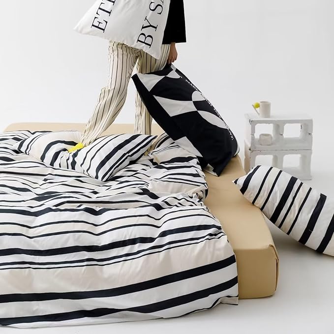 Cottonight Black and White Striped Comforter Set King Geometric Bedding Comforter Women Men Beige Black Blanket Quilts Geometric Ticking Bedding Set Fluffy Folkloric Boho Quilts for King Bed