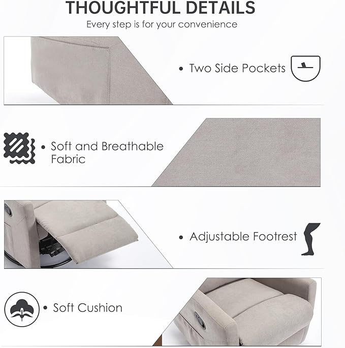 360° Swivel Recliner Chairs for Small Spaces, A Recliner with Side Pockets, Small Rocker Recliner for Living Room, Bedroom, Light Gray Recliner Chair for Adults
