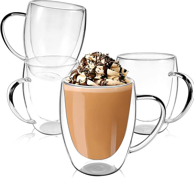Clear Glass Double Wall Insulated Round Coffee Mugs Set of 4 Pieces - Medium Size 12oz Best Reusable Coffee Mug for Home Cafe Restaurant Perfect for Espresso Capucinno Lungo Latte Coffee