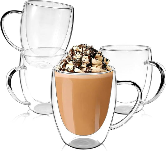Clear Glass Double Wall Insulated Round Coffee Mugs Set of 4 Pieces - Medium Size 12oz Best Reusable Coffee Mug for Home Cafe Restaurant Perfect for Espresso Capucinno Lungo Latte Coffee