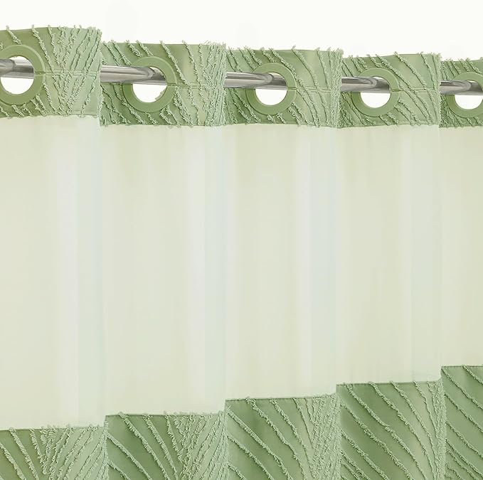 Sage Green Long Shower Curtain 72 x 80, No Hook 80 inch Long Farmhouse Fabric Shower Curtain Set with Snap-in Liner, Hotel Style Shower Curtain with See Through Top Window