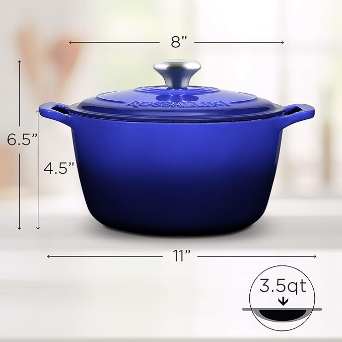 Signature Enameled Cast Iron Dutch Oven, Non-Stick Serving Pot with Tight Fitting Lid for Perfect Roasting, Baking, Sauteing, and Bread Making | 3.5Q (3.3L) - Indigo Blue