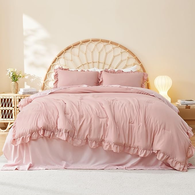 Litanika Blush Pink Ruffle King Bed Comforter Set, 3 Pieces Girls Women Cute Bedding Comforters & Sets, Lightweight Fluffy Microfiber Down Alternative (104x90In Comforter & 2 Pillowcases)