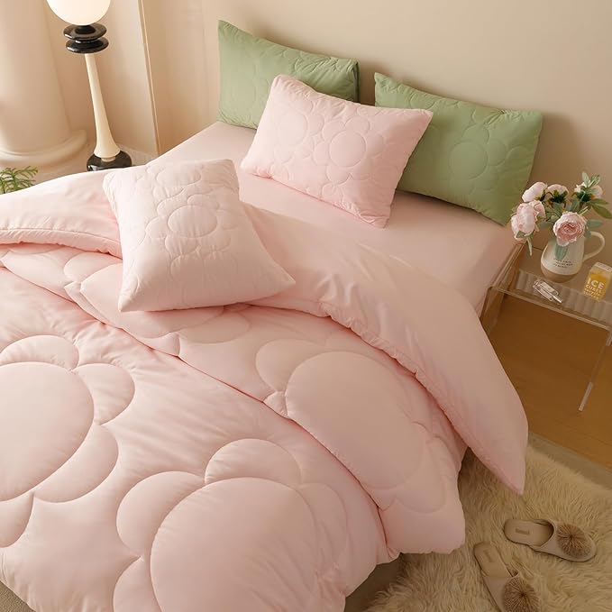 CLOTHKNOW Pink Full Size Comforter Sets 3Pcs Daisy Puff Bedding Comforter Sets Soft Blush Boho Comforter Pink Comforter with 2 x Pillowcases