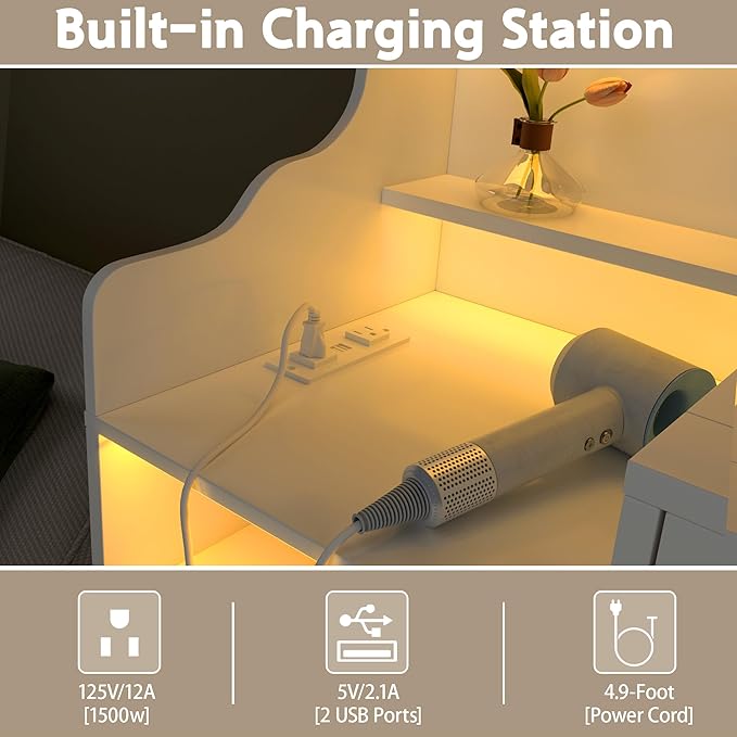 62" Large White Vanity Desk with Power Outlet, Makeup Vanity with Mirror and LED Lights, One Piece Controls 3 Lighting Modes, 4 Drawers Vanity with 2 Cabinets and Glass Top for Women, Girls