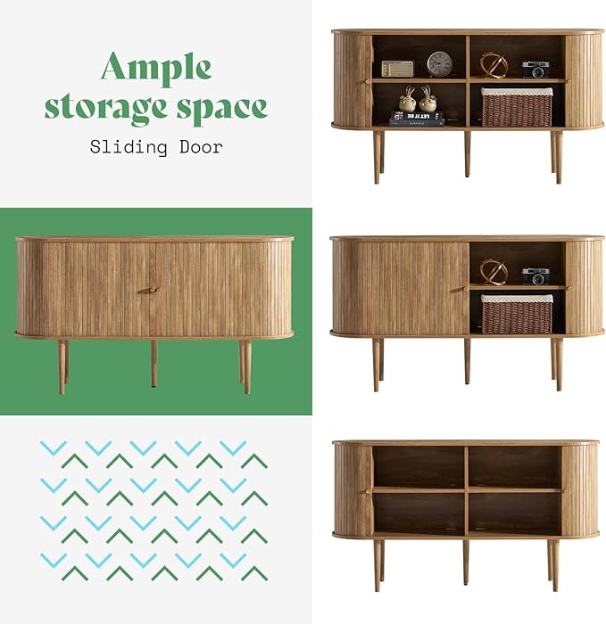 AMERLIFE 55" TV Stand with Solid Wood Legs, Mid Century Modern TV Console with Tambour Door for 80-inch TV, Dust-Proof Storage Cabinet for Living Room, Natural Finish