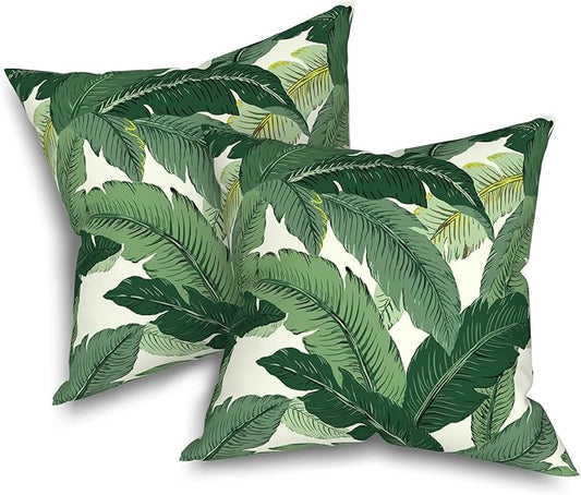 Outdoor Throw Pillows with Inners, All Weather Patio Pillows Set of 2, Square Pillows Decorative for Home Garden Furniture, 20x20 Inch, Swaying Palms Green