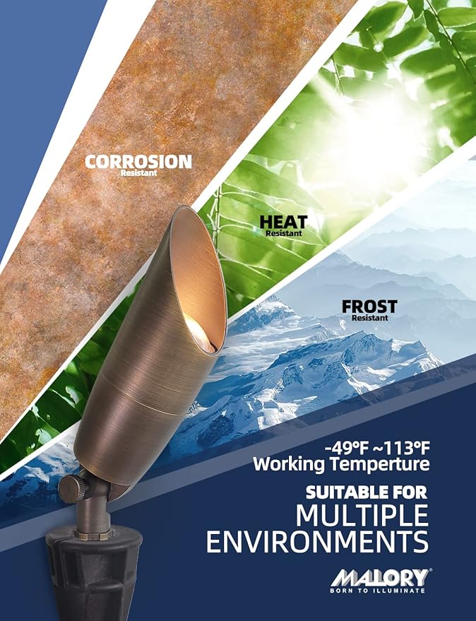 MALORY Solid Brass Landscape Spotlight 1-Pack Without Bulb(S06),Low Voltage Outdoor Front and Backyard Lights with Large Rugged Slot Spike,12V AC/DC Garden Patio Spot Up Light