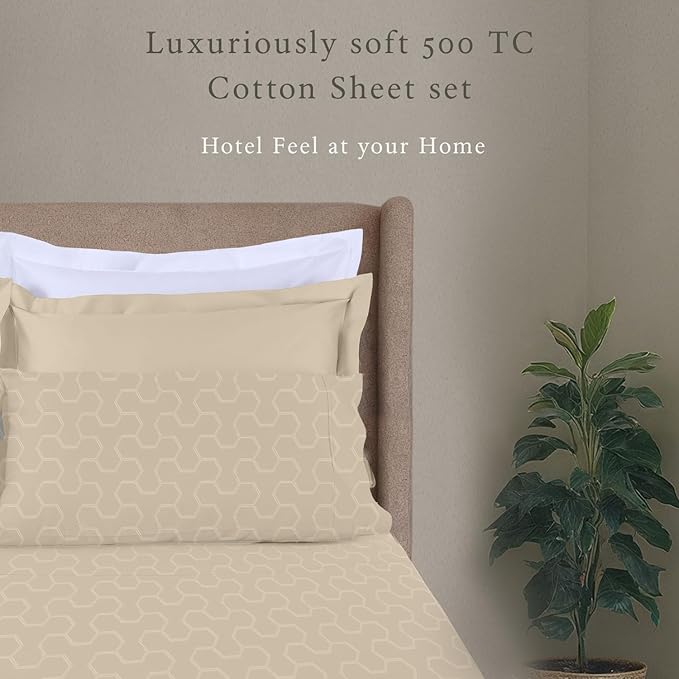 Threadmill 500TC Cotton Twin XL Sheet Set - Light Beige Floria, 3-Piece Bed Linen Set with 15" Deep Pocket, Damask Jacquard Sateen, Premium Soft Breathable Hotel-Style Sheets
