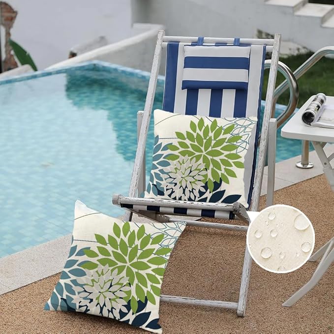 RABUSOFA Outdoor Pillow Covers 20x20 Inch Set of 2 Green Blue Flower Decorative Waterproof Spring Summer Floral Outdoor Cushion Covers for Patio Funiture Garden Couch Decor