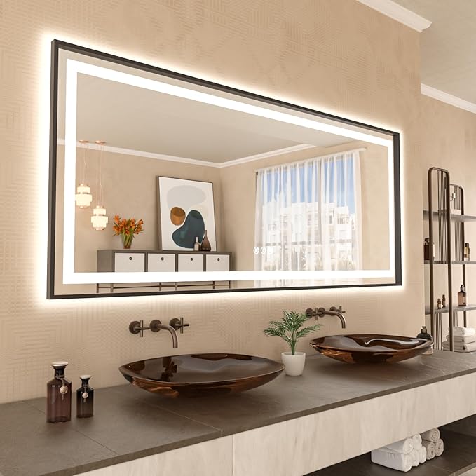 Amorho 88" X38" LED Bathroom Mirror Framed, Front Light and Backlit, Stepless Dimmable, Anti-Fog, Shatter-Proof, Memory, 3 Colors, Double LED Vanity Mirror