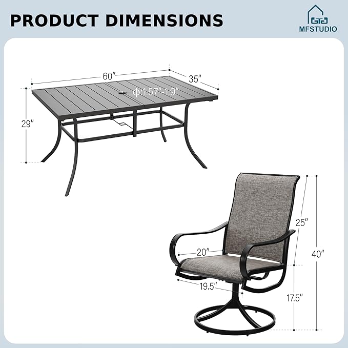 MFSTUDIO Patio Table and Chairs Set, Patio Dining Sets for Deck/Backyard/Poolside/Garden, Outdoor Dining Set for 6 with Umbrella Hole, Metal Frame