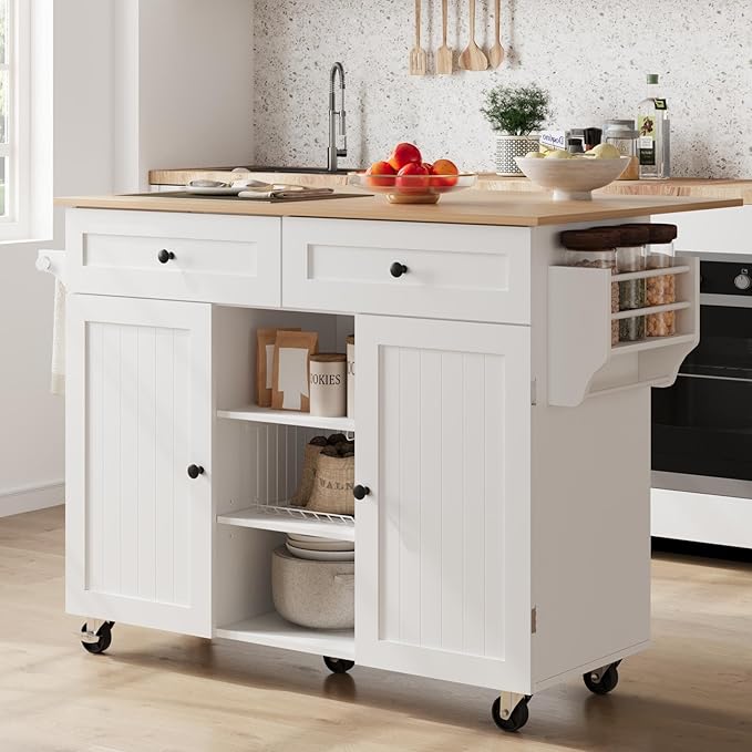 Kitchen Island On Wheels, Rolling Kitchen Island Cart with Drop Leaf and 2 Drawers, Mobile Kitchen Table Storage Cabinet with Tower Rack and Spice Rack for Dining Room, Kitchen, White