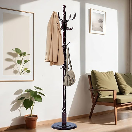 72 in Wood Coat Rack, Coat Rack Freestanding with Stable Round Base, Adjustable Height Tree Coat Racks Stand for Home Bedroom Office Hallway Entryway (Solid Wood Fenghuang Gou)