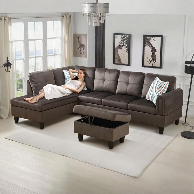 L-Shape 3-Piece Cloud Sofa, Couch for Living Room, Dark Brown Flannel Fabric L-Shape with Reversible Chaise & Storage Ottoman, Ergonomic 110–115° Recline, Solid-Wood Frame