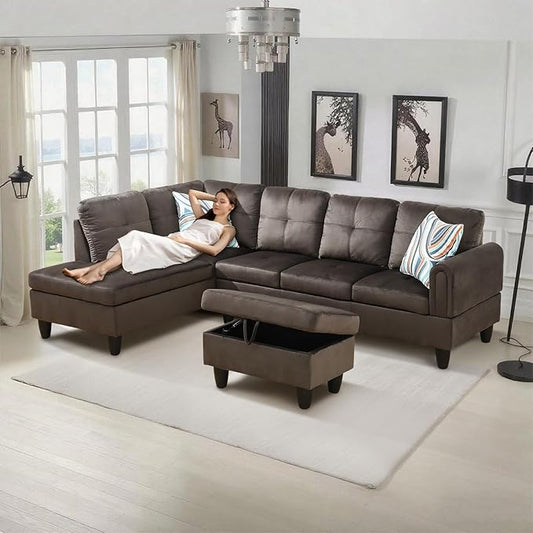 L-Shape 3-Piece Cloud Sofa, Couch for Living Room, Dark Brown Flannel Fabric L-Shape with Reversible Chaise & Storage Ottoman, Ergonomic 110–115° Recline, Solid-Wood Frame