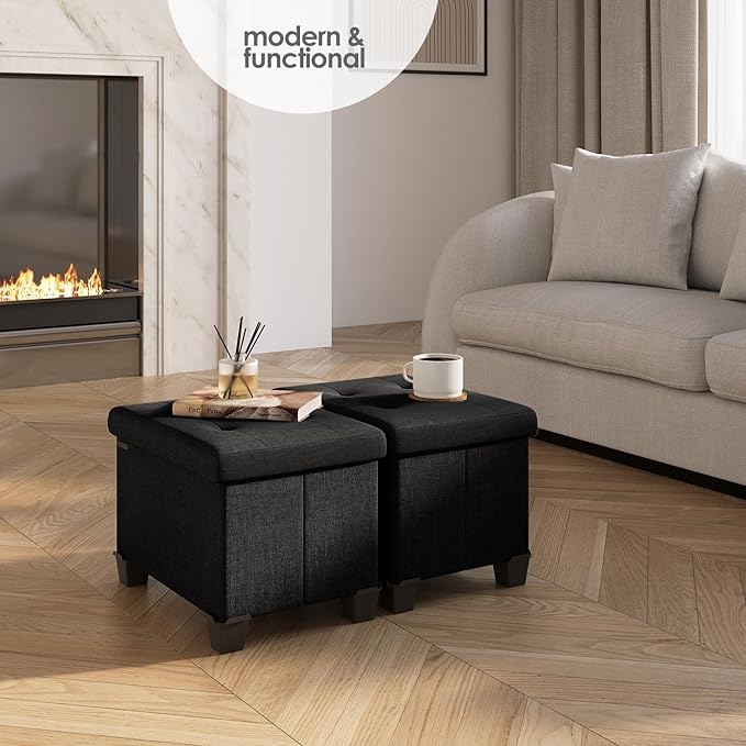 STORAGEBUD Storage Ottoman Cube with Small Bin, 16-in Square Ottoman with Storage for Living Room and Bedroom, Small Ottomans Foot Rest, Fabric Foot Stools Ottomans Max 330lbs, Black