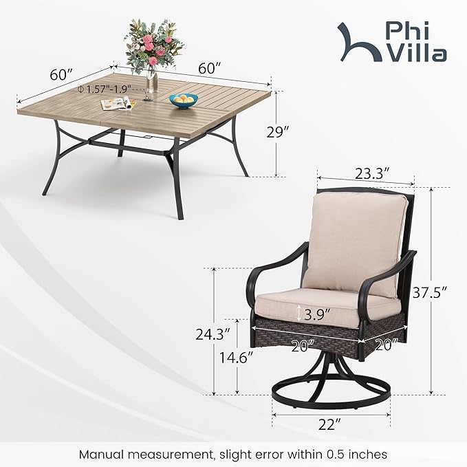 PHI VILLA 9-Piece Outdoor Dining Sets, 60x60 All-Weather Patio Table and Chairs Set for 8, Heavy Duty Patio Table Set Square for Deck, 8 Extra Large Outdoor Swivel Chairs with Thick Cushions