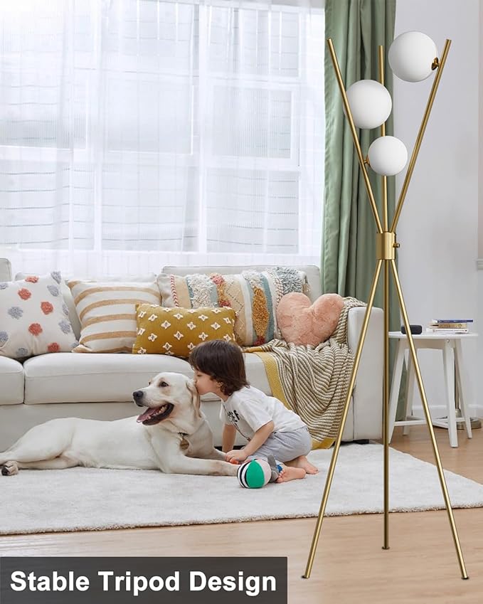 Lightdot Tripod Floor Lamp Stepless Dimmable Globe Modern Floor Lamp Gold Standing Lamps with 3PCS 3000K G9 Bulbs Stable Base Mid Century Floor Lamps for Living Room
