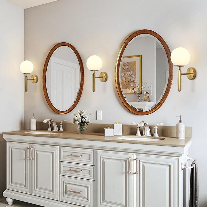 KCO Lighting Brass Wall Sconces Set of Two Milk Glass Globe Wall Light Brushed Gold Wall Sconce Modern Bathroom Wall Light Fixtures Mid Century Bedside Sconces Set of 2