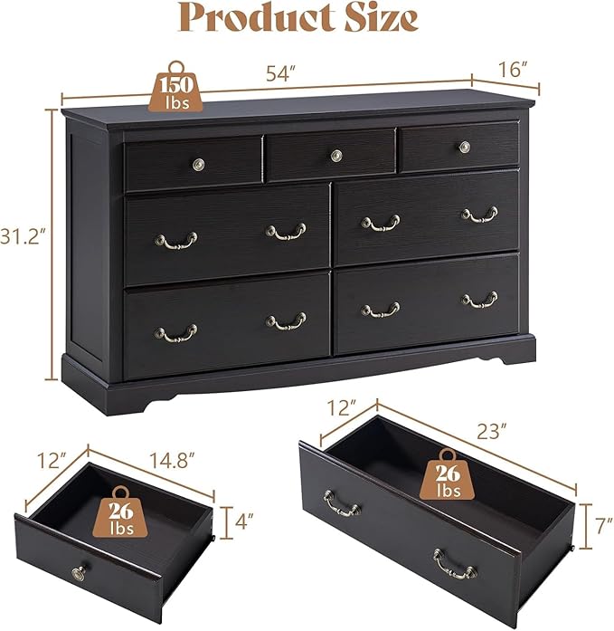 AMERLIFE 7 Drawers Dresser for Bedroom, Farmhouse Chest of Drawers with Vintage Metal Handle, Wooden Dresser Organizer for Hallway, Espresso