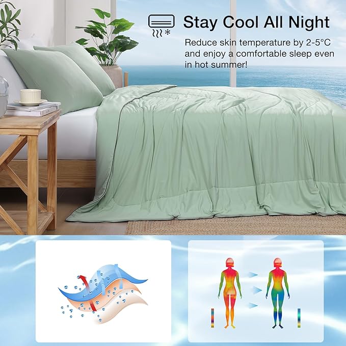 Monbix ChillChilla Cooling Comforter King Size-3 Pieces Cooling Blankets for Hot Sleepers and Night Sweats, Double-Sided Summer King Size Comforter Set, Breathable Lightweight Blanket Grey Green