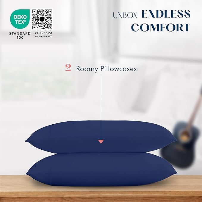 XOOX Linen 100% Cotton Pillowcases Standard/Queen Size Set of 2-500 Thread Count Cotton Pillowcases, Soft Cooling Pillow Cases for Sleeping, Pillow Covers for Standard/Queen Pillows - Navy Blue