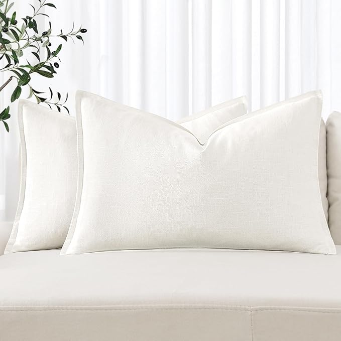 MIULEE Decorative Linen Lumbar Pillow Covers 12x20 Inch Cream White Boho Farmhouse Neutral Couch Throw Pillows Christmas for Bed Pack of 2 Accent Modern Pillowcase Sofa Livingroom Home Decor