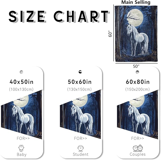 Moonlit Horse Blanket, Cozy Flannel Mystical Horses with Full Moon Throw Blanket for Couch Outdoor, Plush Soft Lightweight Travel Blankets for Bed Decor and Gifts, for Women Adults Kids 60"x80"