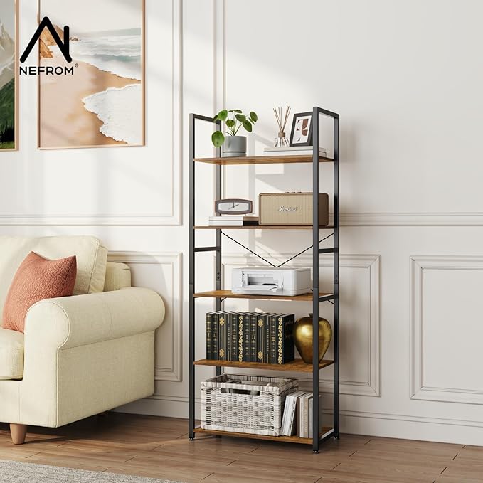 Book Shelf, Adjustable 5-Tier Tall Bookshelf, Wooden Bookcase Shelves for Bedroom, Living Room, Display Shelf for Home, Office, Kitchen, Standing Shelving Unit Storage Organizer BC-BR-5