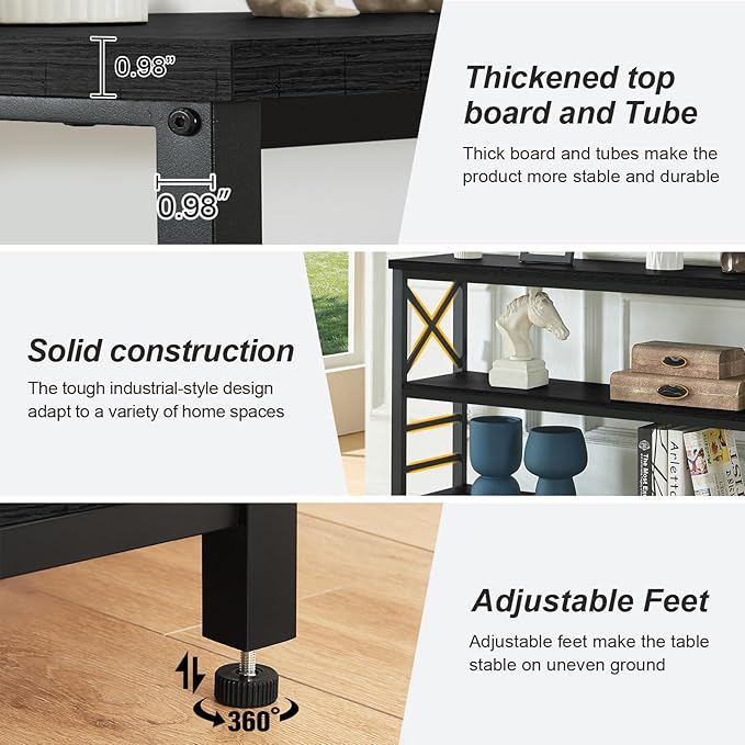 HOMBAZAAR Sofa Table,Industrial Console Table with Storage,Entryway Table with Engineered Wood and Metal,3 Tier Shelf for Living Room,Hallway,Black,47 Inch