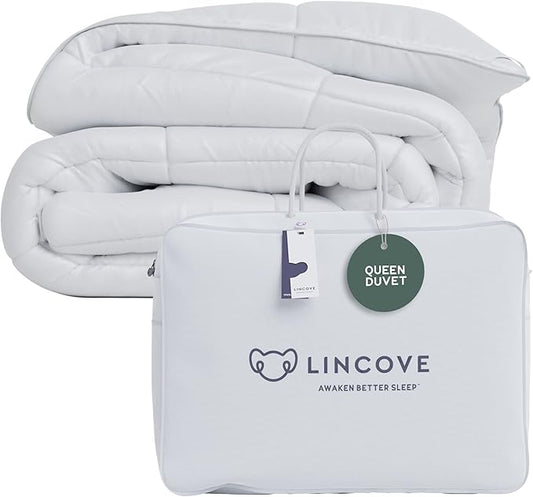 Lincove Canadian Down Comforter – Extremely Soft and Lightweight Duvet Insert – Corner Loops in Each Corner, 600 Thread Count - 100% Cotton Sateen Shell, Queen
