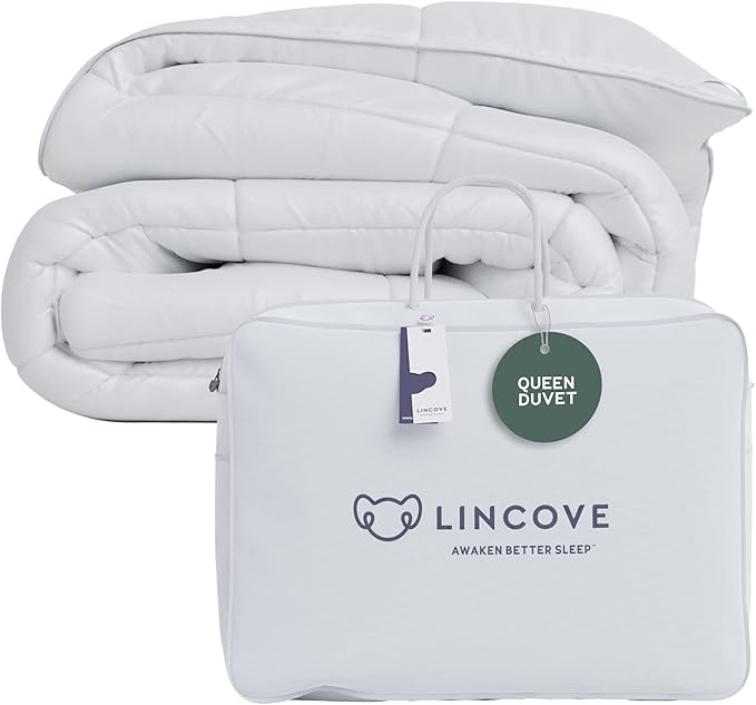 Lincove Canadian Down Comforter – All-Season Warmth Duvet Insert – Corner Loops in Each Corner, 600 Thread Count - 100% Cotton Sateen Shell, Queen