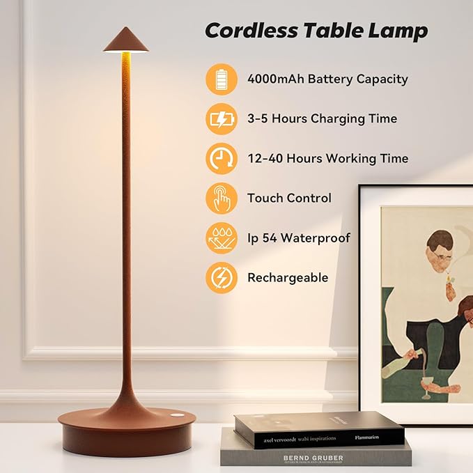 Small Cordless Table Lamp Rechargeable, Battery Operated Desk Lamp, 4000mAh LED Touch Lamp, Dimmable Portable Outdoor Waterproof Wireless Table Light for Restaurants/Bars/Outdoor(1PC, Brown)