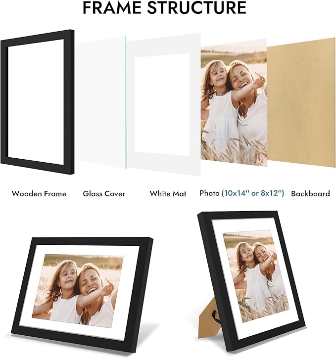 10x14 Picture Frame with Real Glass - 8x12 Wooden Frame with Mat, Horizontal and Vertical Display for Wall or Tabletop (Black, 1 Pack)
