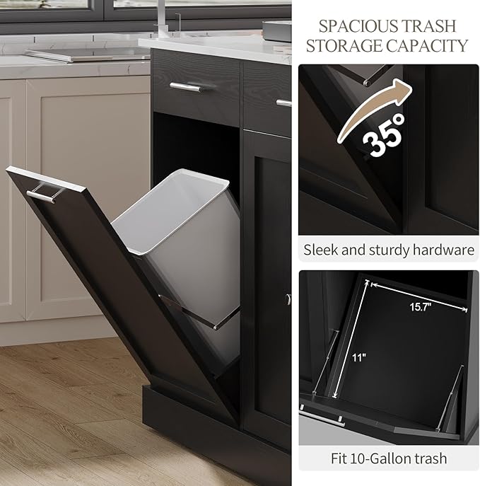 4 EVER WINNER Rolling Kitchen Island Cart with Trash Can Storage,Kitchen Island on Wheels with Marble Countertop, Kitchen Islands Table with Spice Rack & Towel Rack, Black