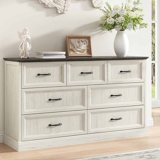 Farmhouse 7 Drawer Dresser for Bedroom, 55 Inch Wide Modern White Dresser TV Stand with Large Drawers & Bar Handles, Rustic Wood Chest of Drawers for Bedroom, Living Room, Hallway, Entryway.
