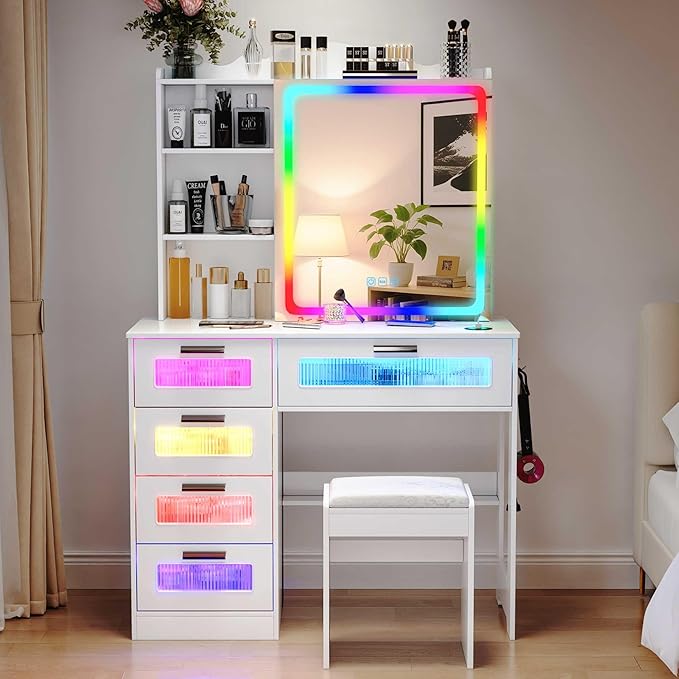 LED Vanity with Sliding Mirror, Smart Makeup Table with 5 Drawers 6 Shelves, Make Up Vanity Desk with Charging Station 14 Color Lighting Modes, Cushioned Stool, USB Type-C for Bedroom White