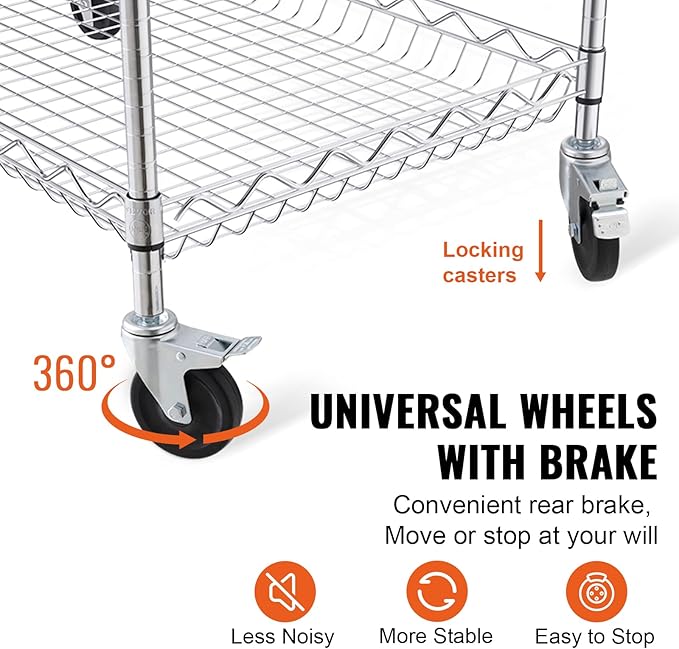 VEVOR Kitchen Utility Cart, 3 Tiers, Wire Rolling Table with 661 LBS Capacity, Steel Service Desk on Wheels, Metal Storage Trolley with 80 mm Deep Basket Curved Handle 6 Hooks