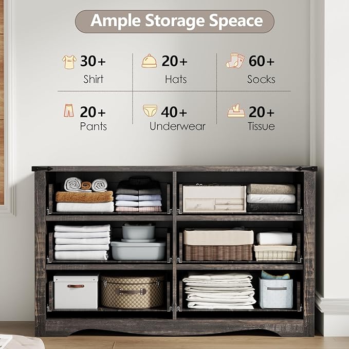 Loomie Farmhouse 6 Drawers Double Dresser for Bedroom, Modern White Dresser Chest of Drawers, Wide Dressers Organizer, Accent Storage Cabinet for Closet, Living Room, Hallway, Dark Rustic Oak