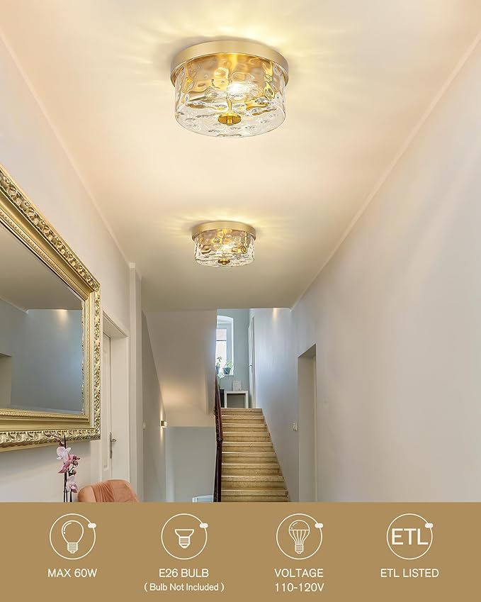 Emak Modern Brushed Gold Ceiling Light, 2-Light Ceiling Lights with Hammered Glass Shade, 11 Inch Flush Mount Light Fixture for Bedroom, Bathroom, Hallway, Kitchen, FM082-GD-HG