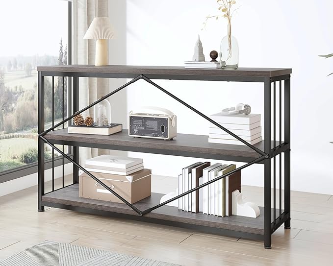 IBF Short Wide Horizontal Bookshelf, Industrial office Low 3 Tier Book shelf, Rustic Wide Vintage open Bookcase with Storage, Modern Grey Etagere for Home Office Living Room Bedroom, Gray Oak, 47 Inch