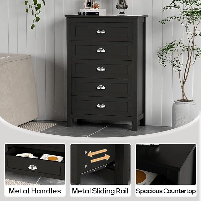 Farmhouse 5 Drawer Dresser for Bedroom, 47" Tall Dresser, Modern Black Chest of Drawers Organizer for Bedroom, Closet, Living Room, Entryway, Hallway