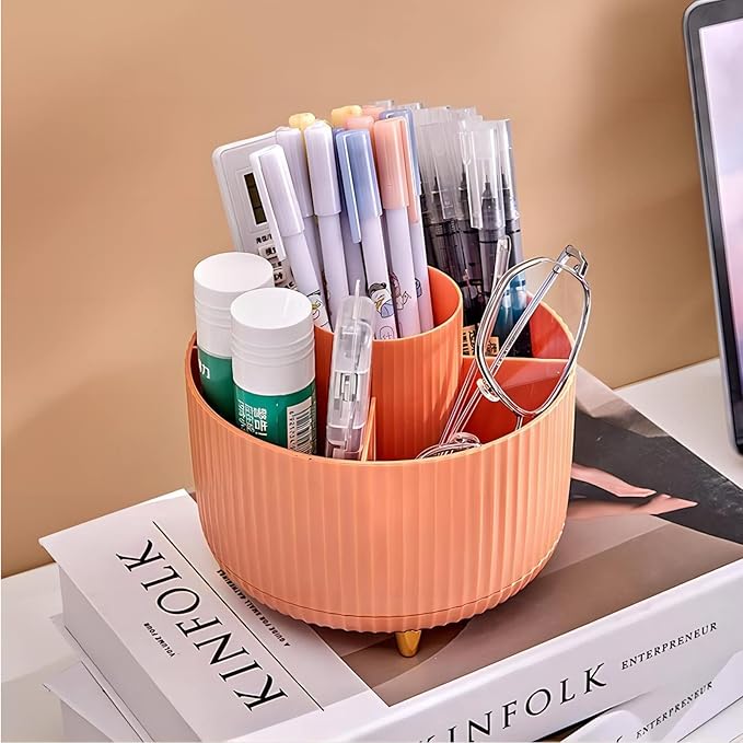 DASITON Large Capacity Makeup Brush Holder,360° Rotating Makeup Organizer,5 Slot Makeup Brushes Cup,for Vanity Decor,Bathroom Countertops,Desk Storage Container,Cosmetic Display cases(Orange)