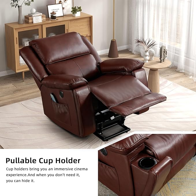 Phoenix Home Genuine Leather Power Lift Recliner Chair with Massage and Heat for Elderly, Electric Reclining Chair with USB Port, Cup Holders, Side Pockets for Living Room Bedroom, Red Brown