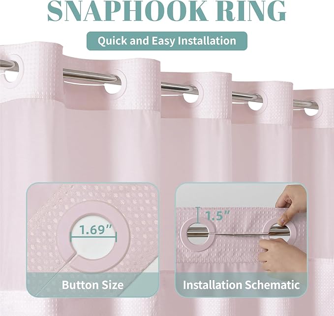 BlushPink No Hook Waffle Weave Shower Curtain with snap-in Liner Replacement, 230GSM Waterproof Fabric Hotel Shower Curtain Set for Bathroom, Through Mesh Top Window,71Wx77H